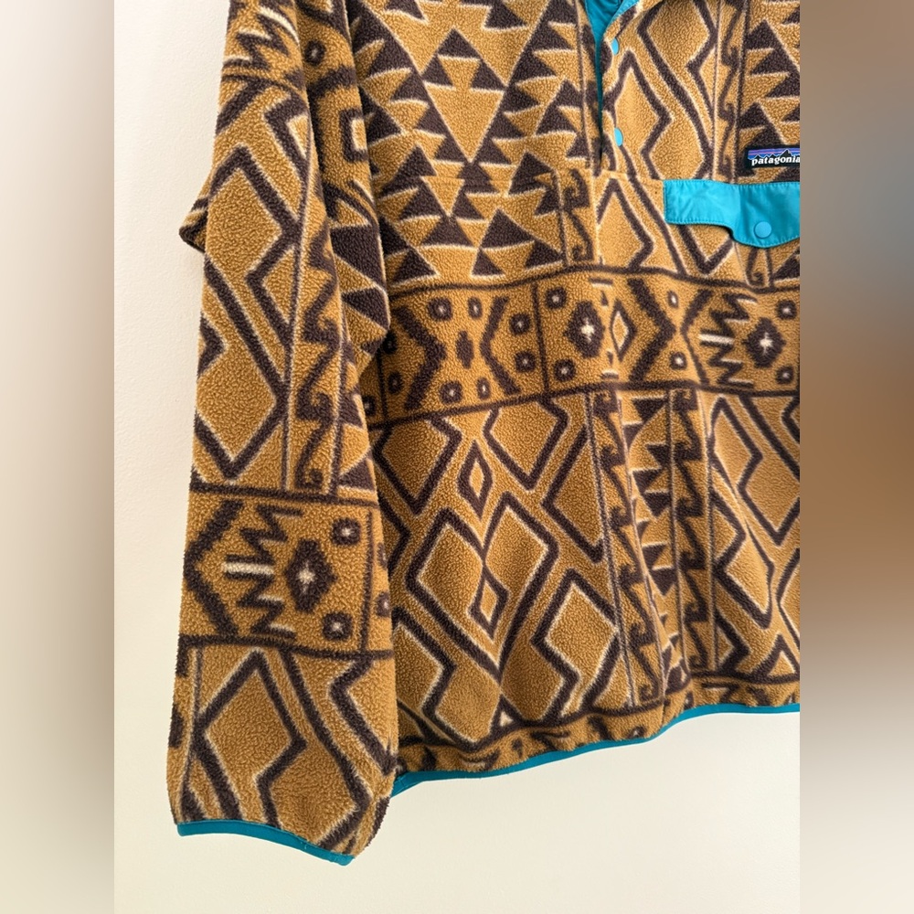 Patagonia Brown Tan Fleece Jacket Blue Trim Aztec Men’s Size S Women’s Medium - Picture 2 of 8